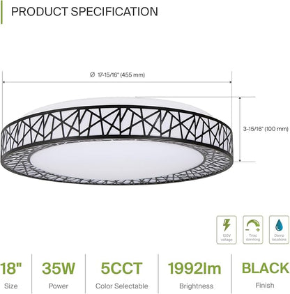 ASD 18 Inch LED Flush Mount Ceiling Light Fixture for Bedroom, 35W 1992LM 5CCT 2700K-5000K, Triac Dimmable Lights, Dining, Living Room, Kitchen Lamps, Modern Home Lighting Fixtures, Black, ETL, 4 Pack