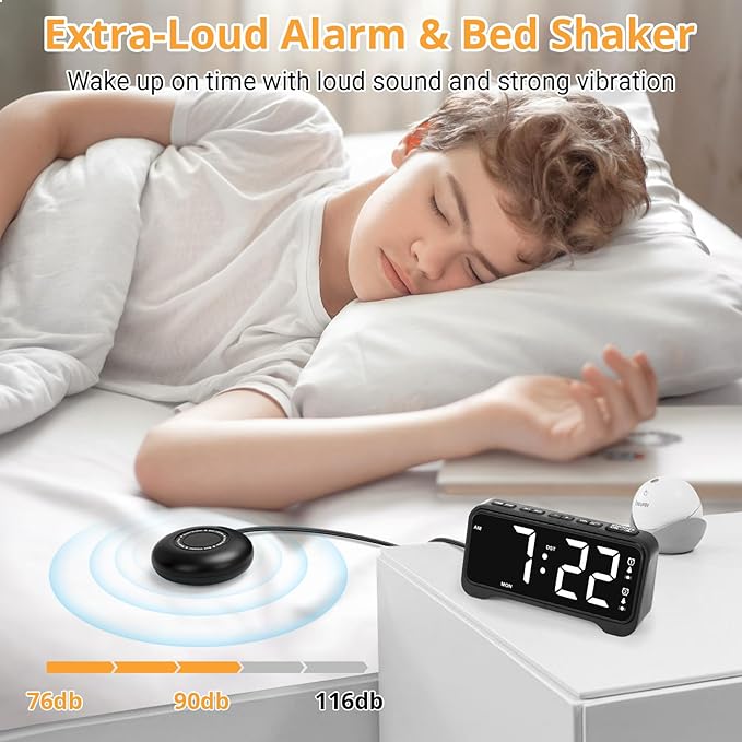 Loud Alarm Clock for Heavy Sleepers Adults, Vibrating Alarm Clock for Teens/Deaf, 7.5" Bright Clear Digital Screen, Adjustable Brightness with Night Light, 3 Levels Bed Shaker Under Pillow, Dual Alarm