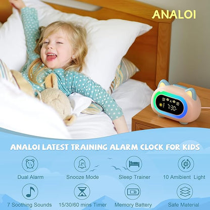 BC-YD-03W-002ds Bedrooms, Kids Alarm Clock with Dual Alarm Snooze Mode 10 Color Night Light Sleep Training Eye Protection Auto Off Timer Blue Cat, Gifts for Kids Girls Boys Teens