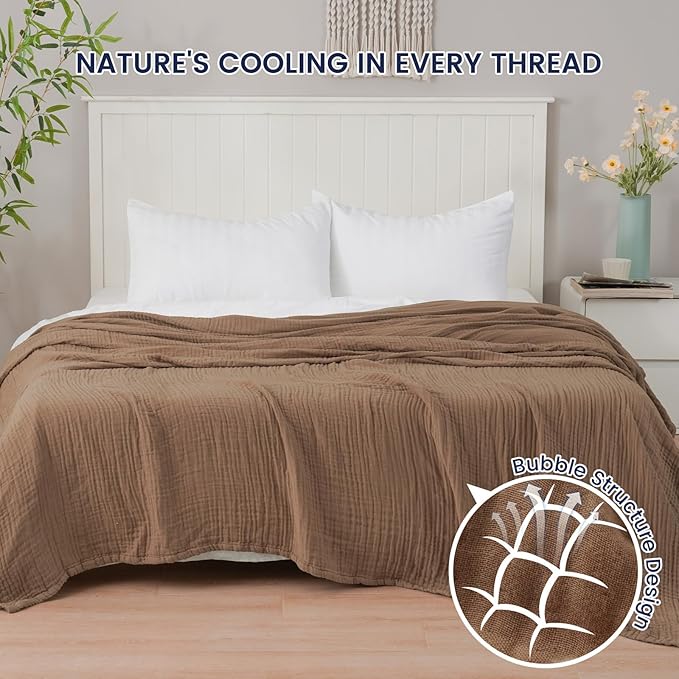 PHF Cooling Muslin Twin Blanket for Hot Sleepers, 60% Rayon Derived from Bamboo, 40% Cotton for Summer, 4-Layer Breathable Gauze Blanket for Bed Couch, 66"x90", Brown