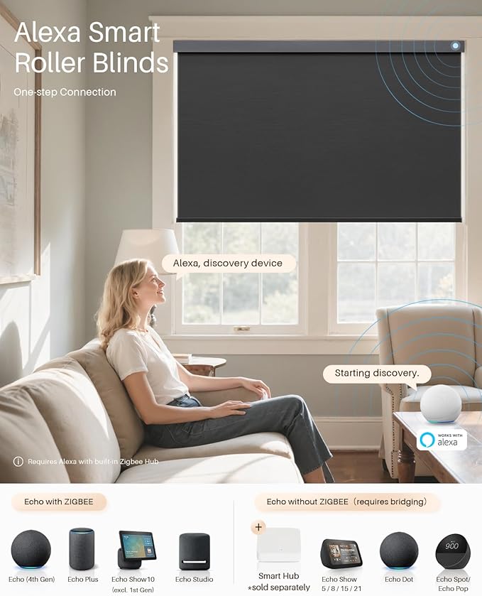 Smart Roller Shades for Windows, Alexa Blackout Motorized Blinds with Remote Control, Easy Install Automatic Electric Blinds for Indoor (28" W x 72" H, Black)