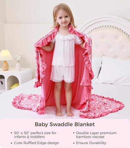 Premium Baby Blankets, Soft Viscose from Bamboo Blanket for Girls, Nursery Crib Bedding Quilt for Newborn and Toddler, Ruffle Blanket Cooling for Hot Sleepers, 50''x50'' Beautiful Swan
