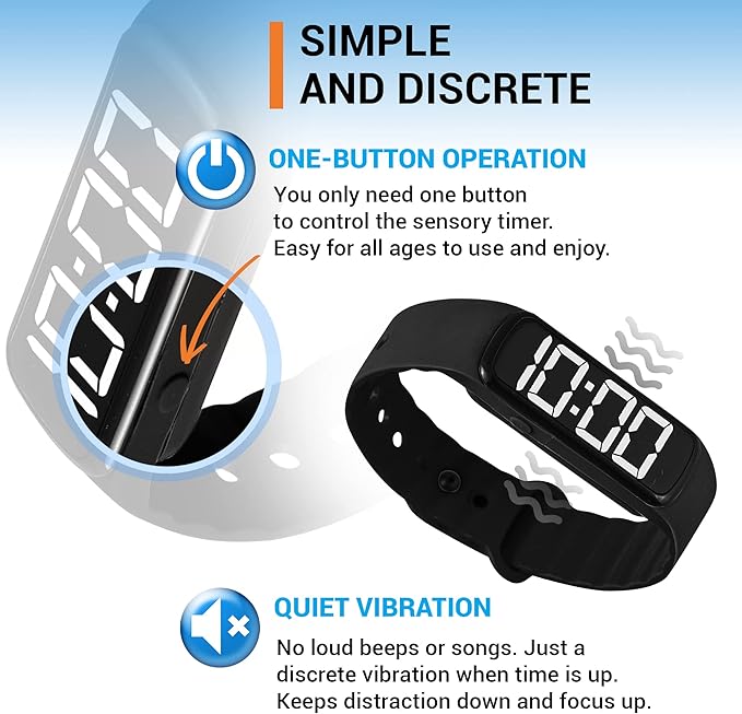 Sensory Wrist Timer for Kids, Teachers, Students, Simple Reminder Watch with Silent Alarm Clock Wristband, Classroom Countdown (Black)