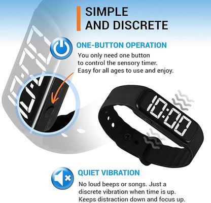 Sensory Wrist Timer for Kids, Teachers, Students, Simple Reminder Watch with Silent Alarm Clock Wristband, Classroom Countdown (Black)