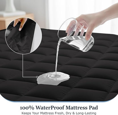 LUX Décor California King Mattress Pad - Quilted Elastic Fitted Mattress Cover Protector Upto 16 Inches Deep Pocket - Soft Breathable Noiseless Mattress Topper (Black “72 X 84”)