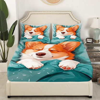 Lovely Corgi Kids Fitted Sheet Queen Size,Cartoon Dog Puppy Bedding Set,Boys Girls Room Decor,Hairy Cute Animal Bed Cover,Cyan Cartoon Bed Sheet,2 Pillowcases