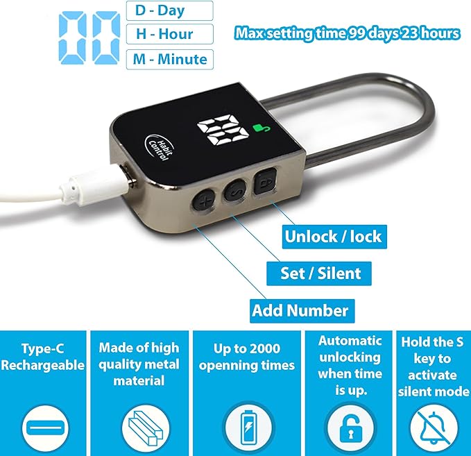 Metal Timer Padlock - Timed Lock for Refrigerators, Kitchen Cabinets & Drawers - 100 Days Timer Pad Lock, Electronic Time Locker for Cell Phones, Snack, Food, Liquor, Video Games