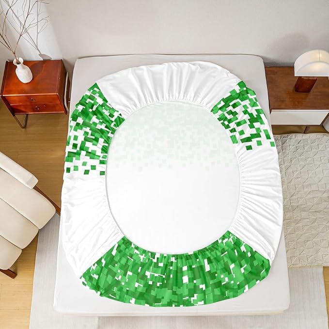 Pixel Check Kids Queen Size Fitted Sheet,Video Games Geometric Lattice Boys Girls Bed Sheets,Game Cartoon Gamepad Room Decor,Green Bedding Set,2 Pillowcases(No Flat)