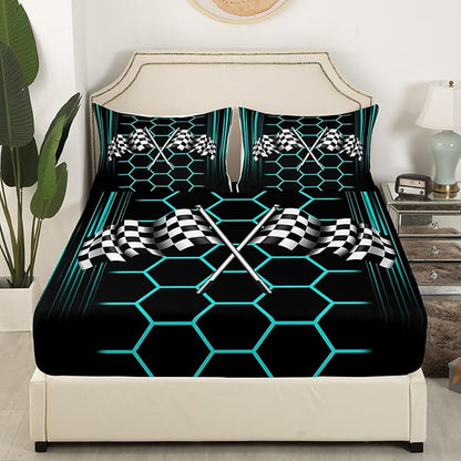 Neon Lines Honeycomb Geometric Bedding Set Full Size,Racing Car Theme Fitted Sheet,Checkered Flag Sheet Set for Kids Teens Adults Bedroom Decor,2 Pillowcases