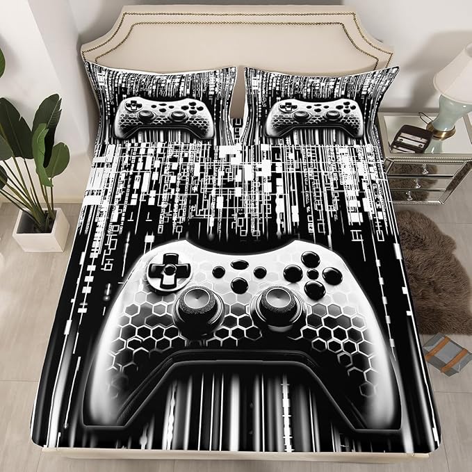 3D Gaming Gamepad Kids Sheet Twin Size,Geometric Neon Lights Honeycomb Hexagon Bedding Set,Boys Girls Room Decor,Modern Videogames Controller Grey Bed Sheet Set 3pcs(Fitted + Flat + 1 Pillowcase)