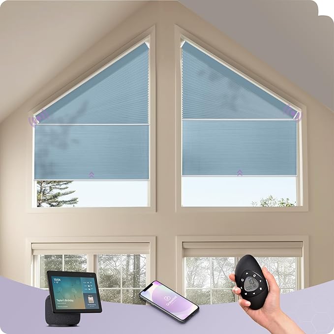 Graywind Smart Angled Blinds Compatible with Alexa Google Motorized Right Trapezoid Shades Solar Powered Customized for Odd-Shaped Window (Dimout Blue)