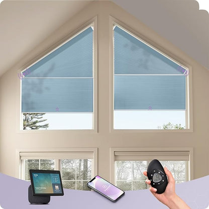 Graywind Smart Angled Blinds Compatible with Alexa Google Motorized Right Trapezoid Shades Solar Powered Customized for Odd-Shaped Window (Dimout Blue)