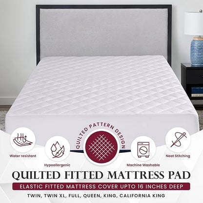 LUX Décor King Mattress Pad - Quilted Elastic Fitted Mattress Cover Protector Upto 16 Inches Deep Pocket - Soft Breathable Noiseless Mattress Topper (78 X 80)
