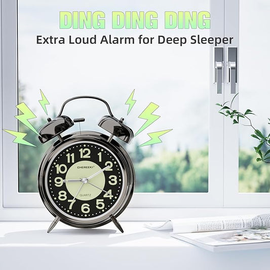 CHEREEKI Loud Alarm Clock for Heavy Sleepers Adults, Silent Non Ticking Analog Clock with Backlight, Luminous Dial, Battery Operated Alarm Clock for Bedroom, Included Battery, Black