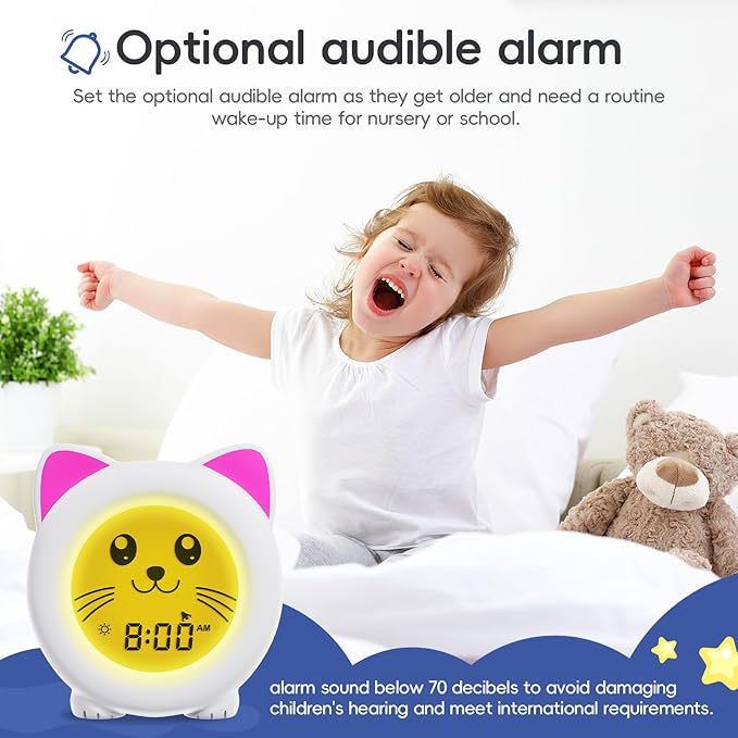 B&H Sleep Trainer Clock for Toddler - Rechargeable Kid Ok to Wake Clock, Cute Cat Girls Alarm Clock, Drop Proof, Night Light, Science-Backed Lighting for Peaceful Sleep and Ready to Rise Mornings