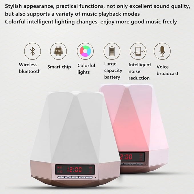 Smart Wake Up Light Alarm Clock, t-Button Dimmable LED Colorful Night Subwoofer 360 ° Stereo Surround Sound,Black(White)