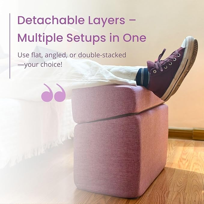 Purple Adjustable Foot Rest for Under Desk at Work – Ergonomic Linen Memory Foam Footrest Pillow with Breathable Washable Cover, DIY Height Adjustment for Office Chair, Gaming, Home & Travel Use