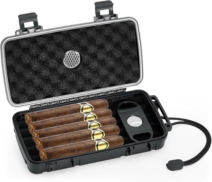 Travel Cigar Humidor Case, Portable Humidor Cigar Box with Humidifier & Cigar Cutter, Waterproof, Crushproof and Airtight Cigar Case for 5 Cigars-Cigar Accessories Cigar Gifts for Men