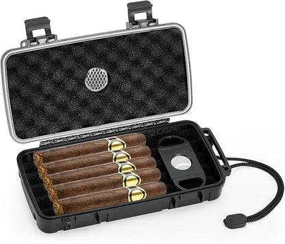 Travel Cigar Humidor Case, Portable Humidor Cigar Box with Humidifier & Cigar Cutter, Waterproof, Crushproof and Airtight Cigar Case for 5 Cigars-Cigar Accessories Cigar Gifts for Men