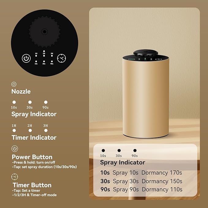 Waterless Essential Oil Diffuser Battery Operated Cordless Aromatherapy Diffuser with Timing & 3 Mist Levels car Diffuser，Black Aluminum Alloy (Gold)