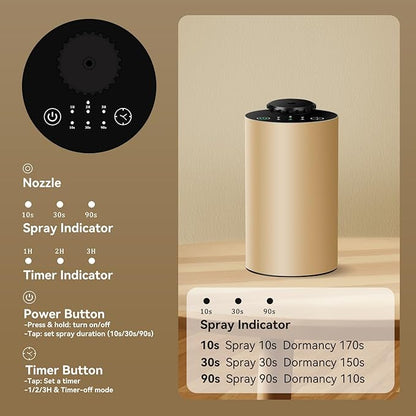 Waterless Essential Oil Diffuser Battery Operated Cordless Aromatherapy Diffuser with Timing & 3 Mist Levels car Diffuser，Black Aluminum Alloy (Gold)