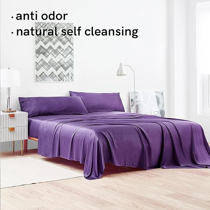 YnM Cooling Bed Sheet Set with 100 Percent Rayon Derived from Bamboo, 400TC Fabric with 2 Pillowcases and Flat Sheet, Deep Pocket Fit 19'', Silky-Soft & Sweat Wicking, 4 Piece (Full, Lavender Purple)