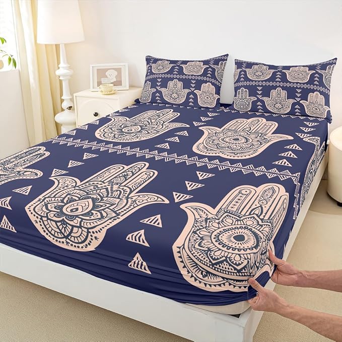 Hamsa Hand Kids Sheet Full Size,Boho Lucky Hand of Fatima Bedding Set,Boys Girls Adults Room Decor,Mandala Flowers Geometric Abstract Blue Exotic Bed Sheet Set 4pcs(Fitted + Flat + 2 Pillowcases)