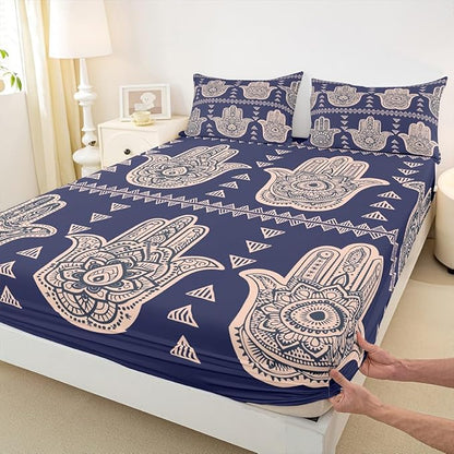 Hamsa Hand Kids Sheet Full Size,Boho Lucky Hand of Fatima Bedding Set,Boys Girls Adults Room Decor,Mandala Flowers Geometric Abstract Blue Exotic Bed Sheet Set 4pcs(Fitted + Flat + 2 Pillowcases)