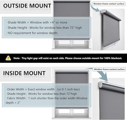 Cordless Roller Shades Blackout Blinds for Windows Room Darkening Rolled Up Shades with Spring System, UV Protection Window Shades Door Blinds for Home and Office (63" W x 72" H, Grey)