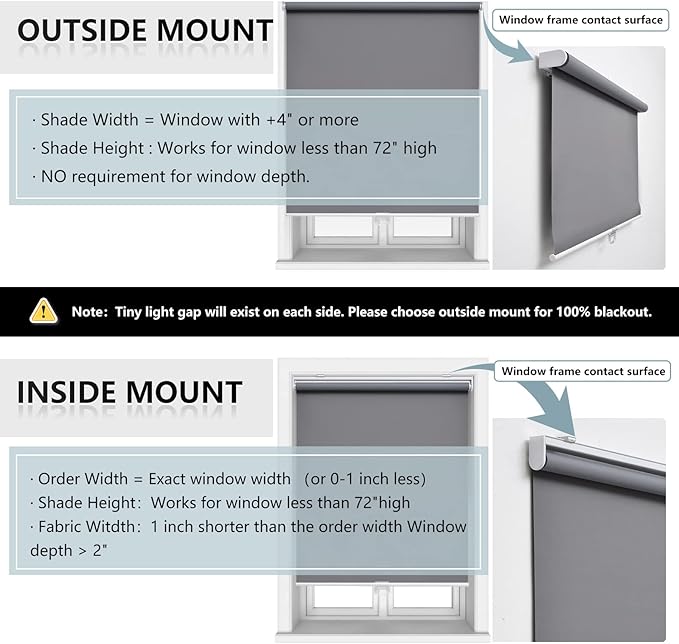 AOSKY Cordless Roller Shades Blackout Blinds for Windows Room Darkening Rolled Up Shades with Spring System, UV Protection Window Shades Door Blinds for Home and Office (34" W x 72" H, Grey)