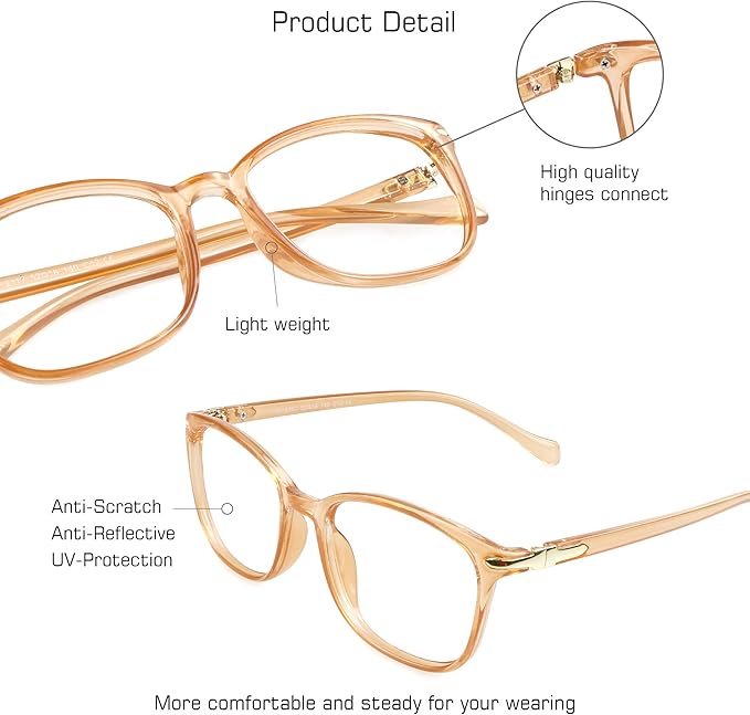 VisionGlobal Blue Light Blocking Glasses for Women and Men, Anti Eyestrain, Computer Reading, TV Glasses, Stylish Square Frame, Anti UV, Anti Glare(Champagne,No Magnification)