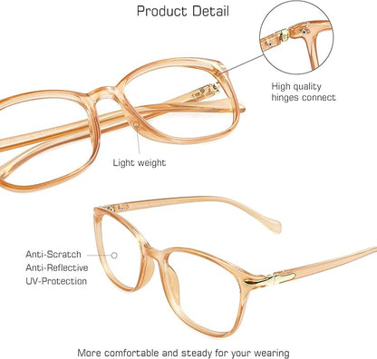 VisionGlobal Blue Light Blocking Glasses for Women and Men, Anti Eyestrain, Computer Reading, TV Glasses, Stylish Square Frame, Anti UV, Anti Glare(Champagne,No Magnification)