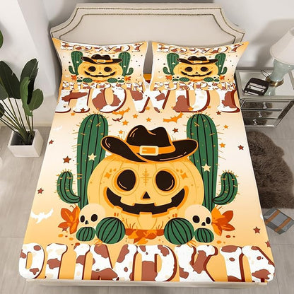 Halloween Pumpkin Fitted Sheet,Western Cowboy Hat Tribal Orange Soft Decorative Fabric Bedding Desert Cactus Rustic Cowhide Brown Cow Fur Pocket Twin Size with 1 Pillowcase