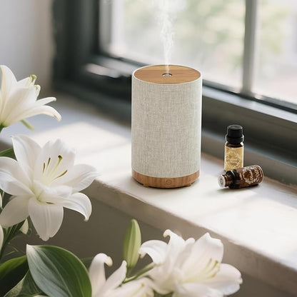 Essential Oil Diffuser with Fabric Cover, Small Portable Aroma Diffuser 120ml, Ultrasonic Aromatherapy Oil Diffuser with 8 Colors LED, Auto Shut-Off Function, Mini Humidifier for Bedroom Home