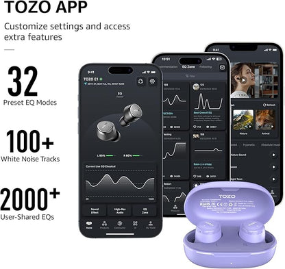 TOZO Wireless Earbuds Build in Mic Clear Calls Ergonomic Light Weight Bluetooth 5.3 in Ear Headphones Waterproof Premium Stereo Sound Ear Buds 30H Playtime with 32 EQs via APP
