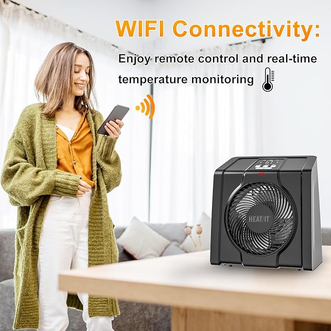HEATIT Space Heater with Remote for Indoor, Digital Display with Thermostat，Containing Plasma & Ozone, 1-12H Timer,1500W/750W, Electric Space Heater for Office, Bedroom,Black,10.6"Dx7.0"W x 11.8"H