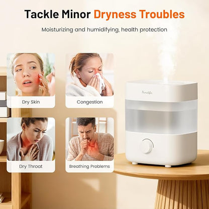 Humidifiers for Bedroom, 2L Tank for 15H, 20dB Quiet Mist Time, Dual Nozzles, Auto Shut-Off, Rotate to Adjust Mist Intensity, Rapid Ultrasonic Humidification for Baby Nursery and Plant (White)