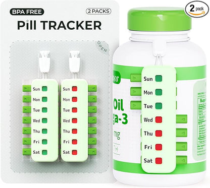 Pill Reminder for Easy Tracking Without Refills, Reusable Pill Tracker for Vairous Bottles, Arthritis-Friendly & Anti-Slide Medication Tracker, Compact Medicine Reminder for Pet Meds, Green, 2-Pack
