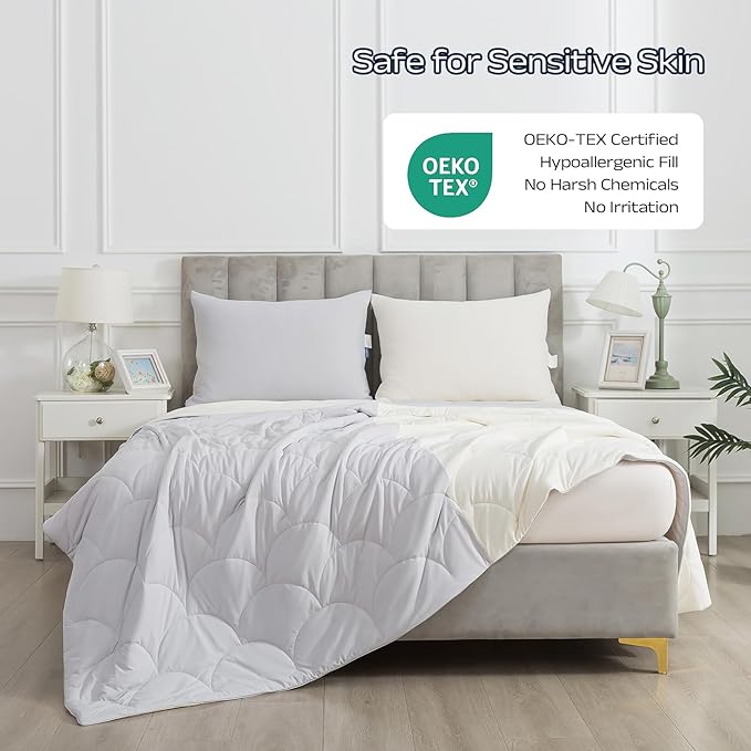 Cooling Blanket for Hot Sleepers - Queen Size Lightweight Breathable Tencel Blend, Double Sided All-Season Comforter, Temperature Regulating & Machine Washable (Grey+White, Queen (90''x90''))