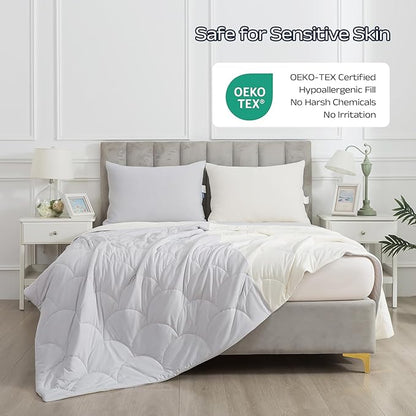 Cooling Blanket for Hot Sleepers - Queen Size Lightweight Breathable Tencel Blend, Double Sided All-Season Comforter, Temperature Regulating & Machine Washable (Grey+White, Queen (90''x90''))