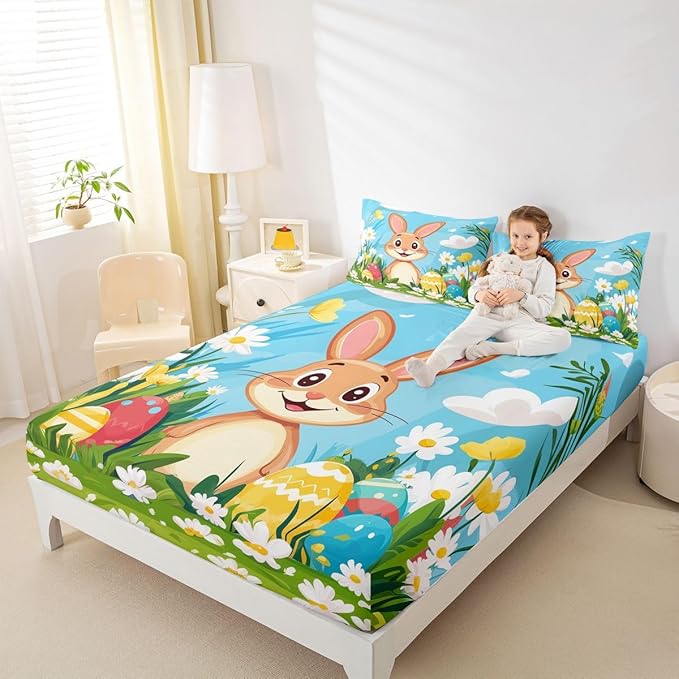 Happy Easter Bed Sheet Twin Size Cartoon Rabbit Spring Flowers Bedding Set Easter Egg Kawaii Animal Fitted Sheet Kids Boys Girls Room Decor Blue Colorful Soft Sheets with 1 Pillowcase,No Top Flat