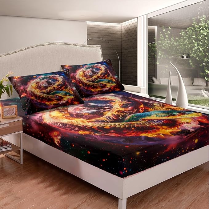 Reptile Snake Fitted Sheet Queen Size,Stars Galaxy Nebula Planets Outer Space Mystical Bedding Set,Boys Girls Room Decor,Noble Animals Flame Trippy Bed Cover,Gothic Bed Sheet,2 Pillowcases