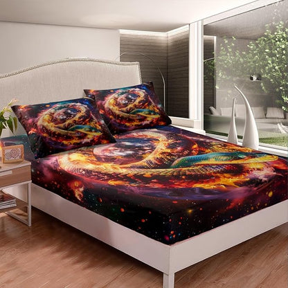 Reptile Snake Fitted Sheet Queen Size,Stars Galaxy Nebula Planets Outer Space Mystical Bedding Set,Boys Girls Room Decor,Noble Animals Flame Trippy Bed Cover,Gothic Bed Sheet,2 Pillowcases