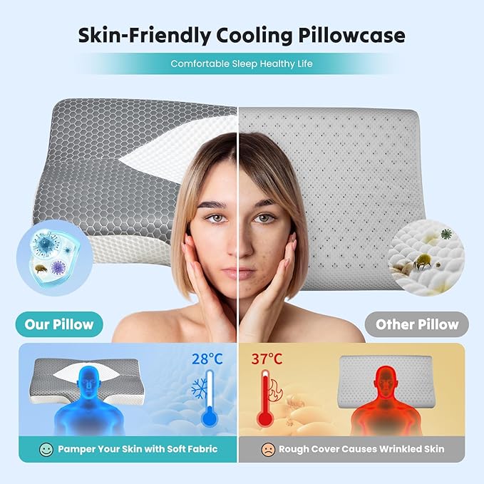 Sweetcrispy Cervical Pillow for Neck and Shoulder,Contour Memory Foam Pillow,Ergonomic Neck Support Pillow for Side Back Stomach Sleepers with Pillowcase, Grey