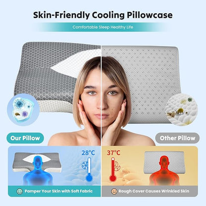 Sweetcrispy Cervical Pillow for Neck and Shoulder,Contour Memory Foam Pillow,Ergonomic Neck Support Pillow for Side Back Stomach Sleepers with Pillowcase, Grey