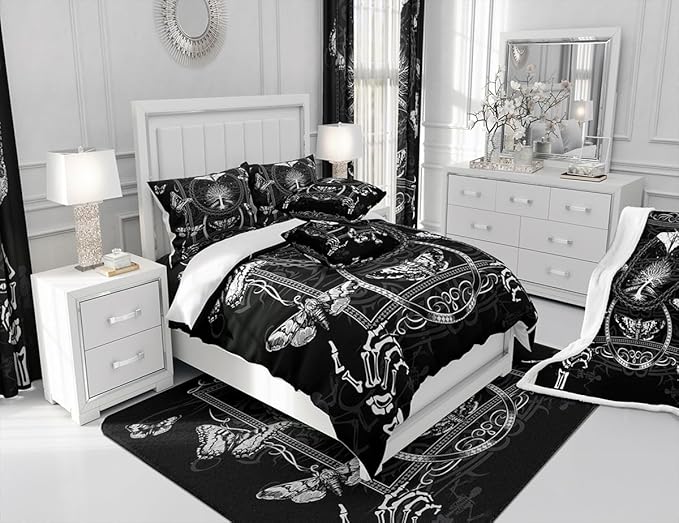 Manfei Gothic Moth Kids Sheet Set Full Size, Human Skeleton Skull Bed Sheet Set 4pcs (Fitted Sheet, Flat Sheet, 2 Pillowcases), Death Moth Butterfly Bedding Set for Boys Teens Bedroom Decor