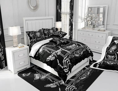 Manfei Gothic Moth Kids Sheet Set Full Size, Human Skeleton Skull Bed Sheet Set 4pcs (Fitted Sheet, Flat Sheet, 2 Pillowcases), Death Moth Butterfly Bedding Set for Boys Teens Bedroom Decor