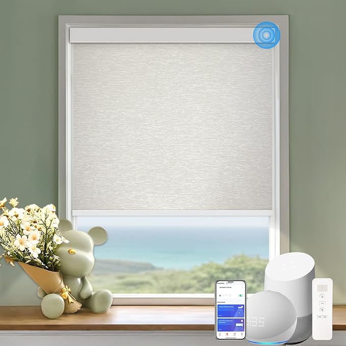 Motorized Blinds with Remote Cordless Automatic Motorized Shades Custom Blinds for Windows Smart Curtains Compatible with Alexa Google Home(Blackout Jacquard Beige,W42 x H72in)