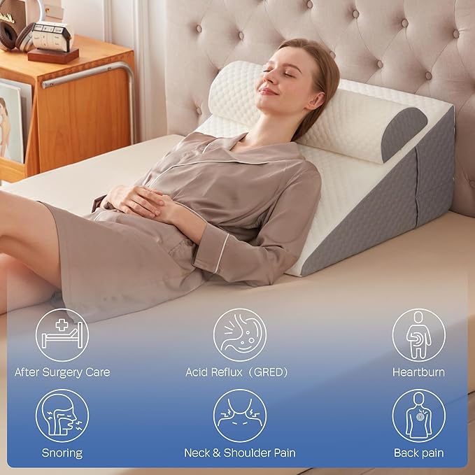 2PCS Wedge Pillow, 12" Wedge Pillow for Acid Reflux, Back Pain Relief, Cooling Memory Foam Top, Bed Wedge Pillows for Headboard, Sleeping, Snoring, Back Support, After Surgery.