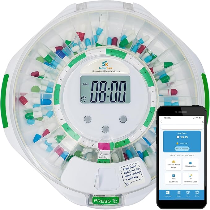 28-Day Bluetooth Automatic Pill Dispenser with Visual & Audio Alerts, 9 Dosage Templates, up to 9 Alarms/Day, Medication Organizer w/Lock Key for Vitamins, Prescriptions & More, Clear Lid